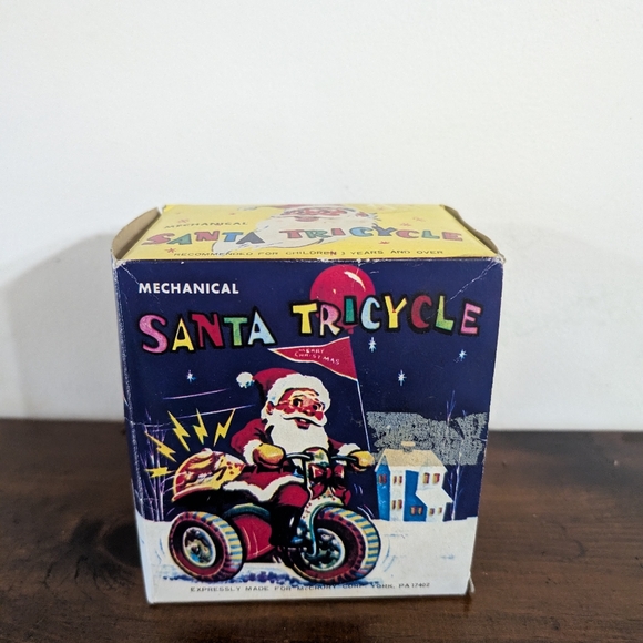 Vintage Mechanical Santa Tricycle Tin Litho Wind-Up Toy Original Box Holiday - Picture 2 of 9